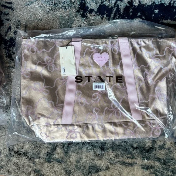 LoveShackFancy state pink & gold xl tote weekender, overnight travel /duffle bag